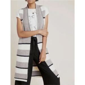 Anthropologie Pencey Longline Knit Sweater Vest Striped Open Front Gray Cream XS